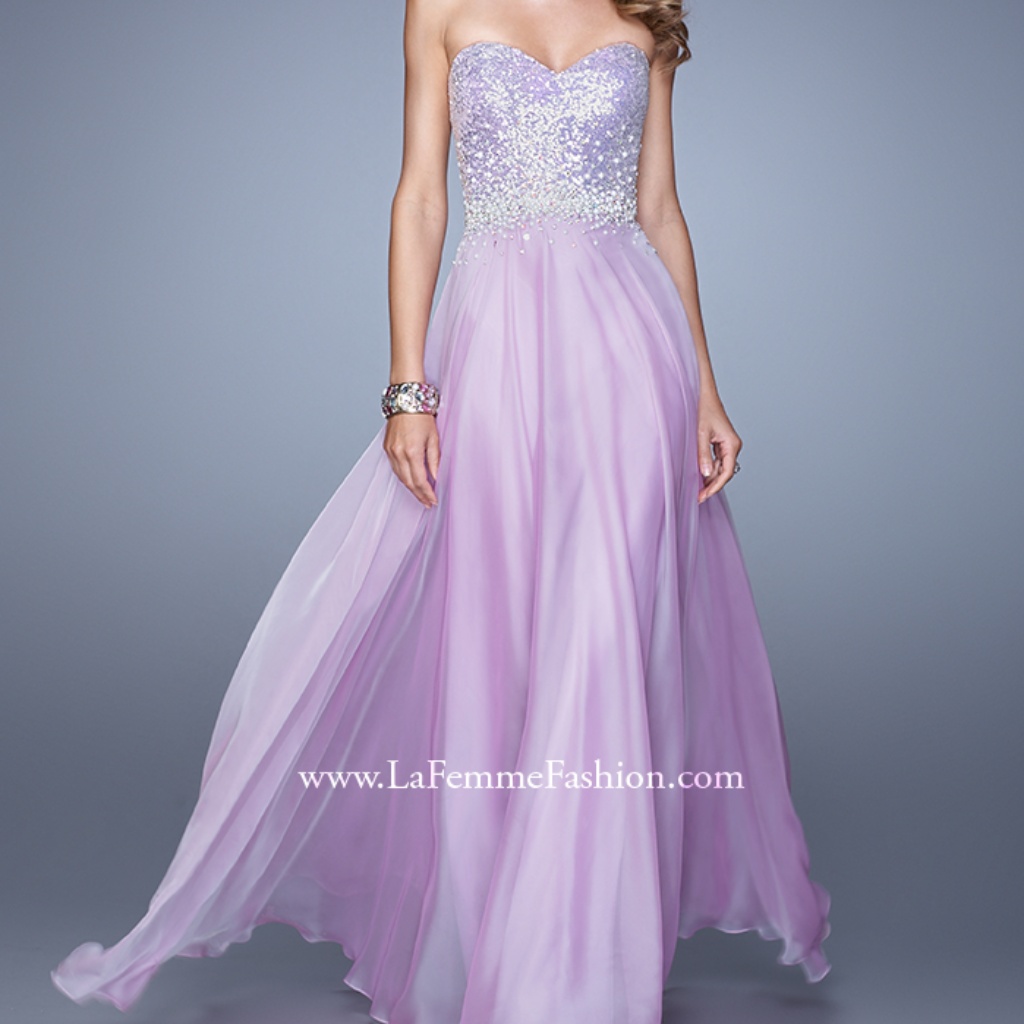 La Femme Lavender Strapless Beaded Prom Gown